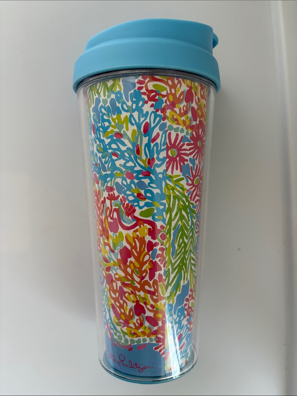 Lilly Pulitzer 16oz Insulated Travel Tumbler Mug Blue Floral Paisley Print